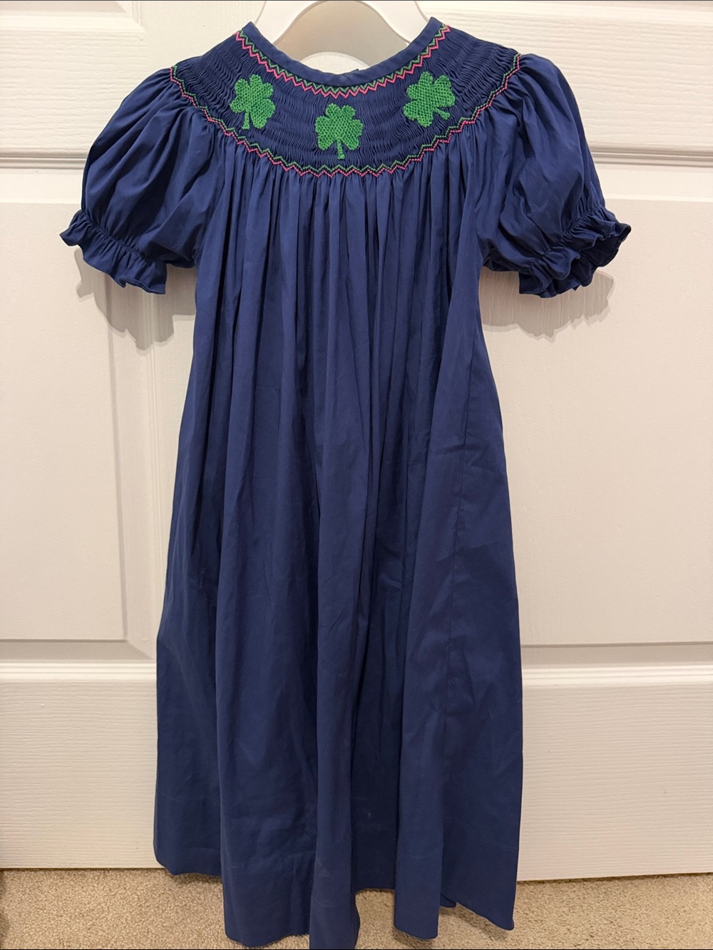 Nola Smocked Navy Blue Smocked Bishop Dress  w/Green Shamrock Embroidery 5t